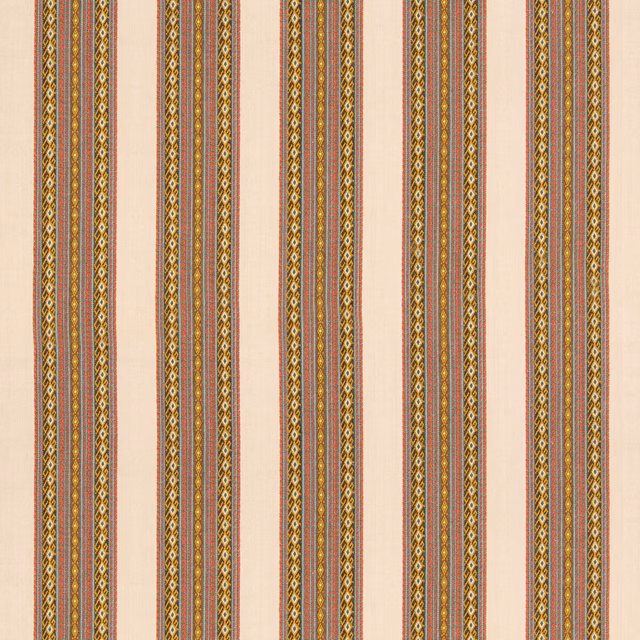 Aqua and ochre geometric vertical stripes on a warm cream woven fabric