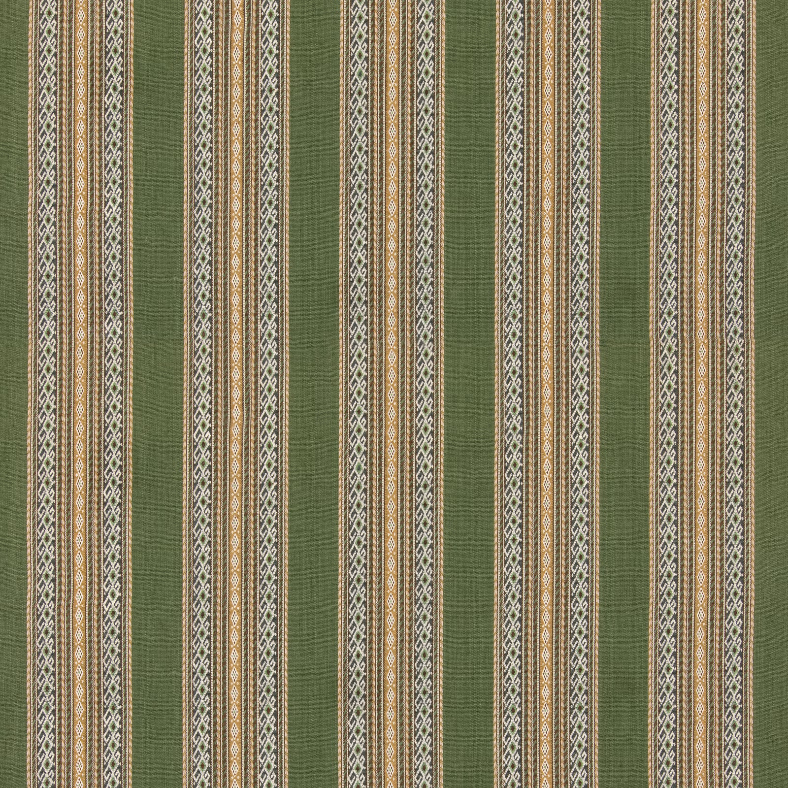 Moss green striped jute cotton with cream and ochre geometric bands