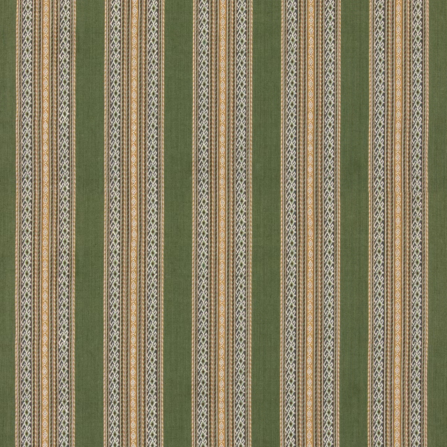 Moss green striped jute cotton with cream and ochre geometric bands