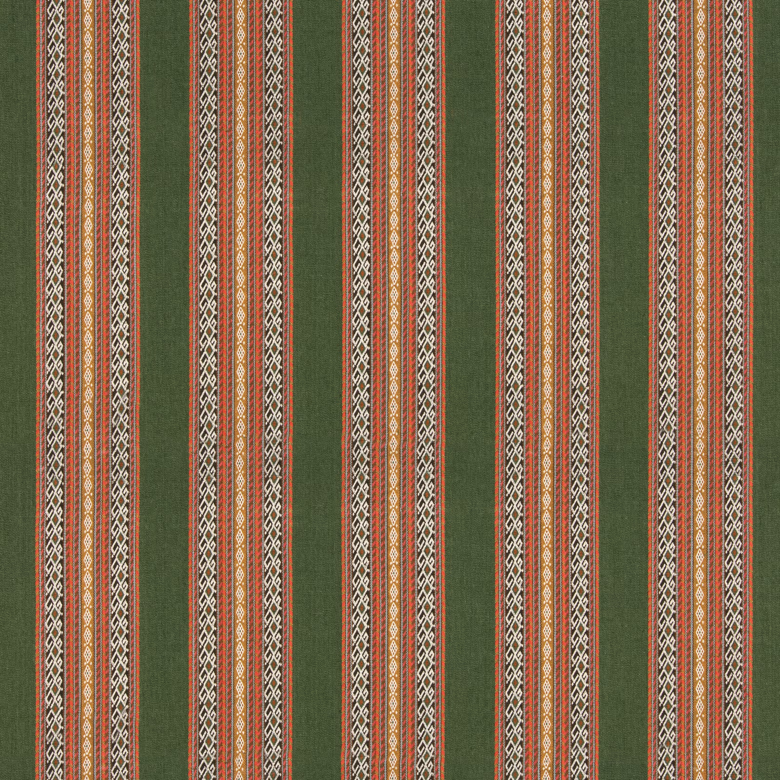 Forest green striped weave with coral lines and cream geometric bands