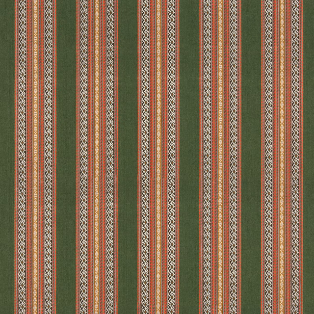Forest green striped weave with coral lines and cream geometric bands