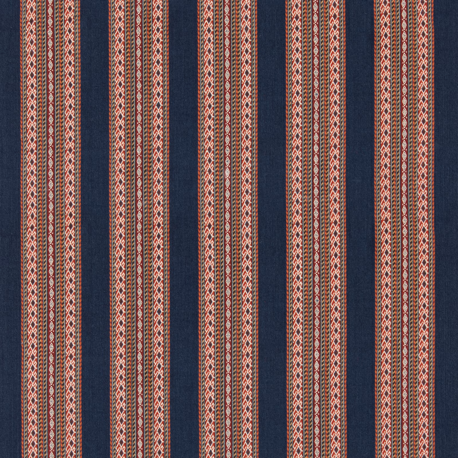 Deep indigo jute-cotton fabric with rust and ivory geometric vertical stripes