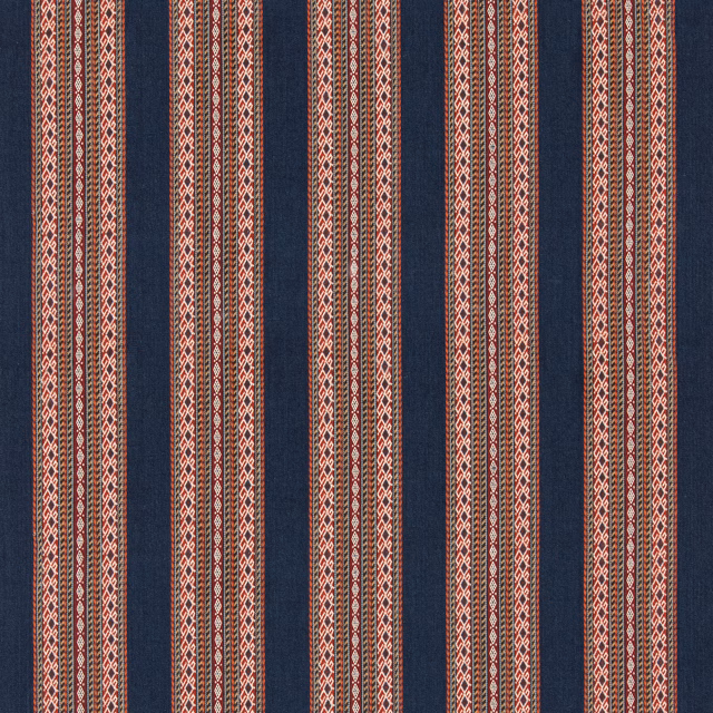 Deep indigo jute-cotton fabric with rust and ivory geometric vertical stripes
