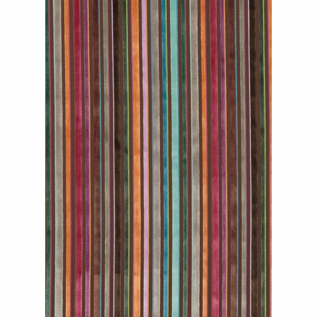 Jewel-toned vertical stripe fabric in burgundy, teal, green, ochre and lilac