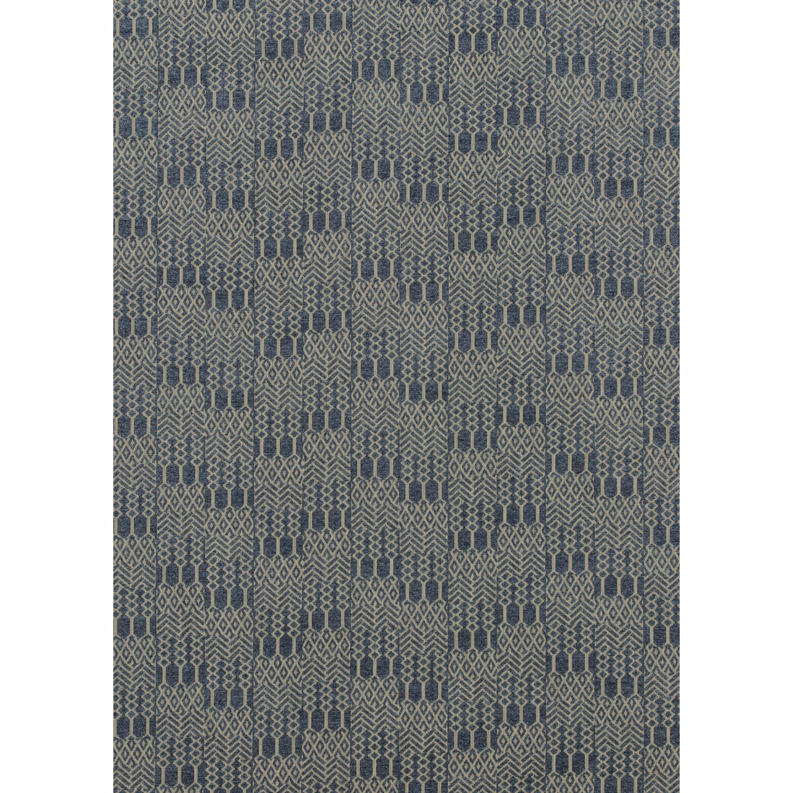 Muted sapphire-blue geometric weave with grey lattice lines and vertical motifs