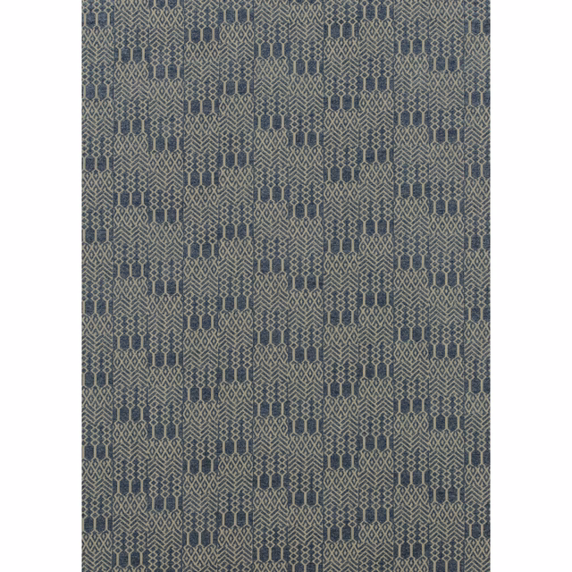 Muted sapphire-blue geometric weave with grey lattice lines and vertical motifs