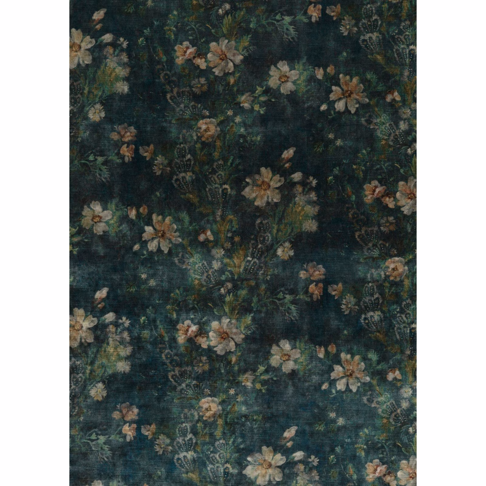 Deep jade-teal velvet with muted peach, cream and ochre flowers in a painterly repeat