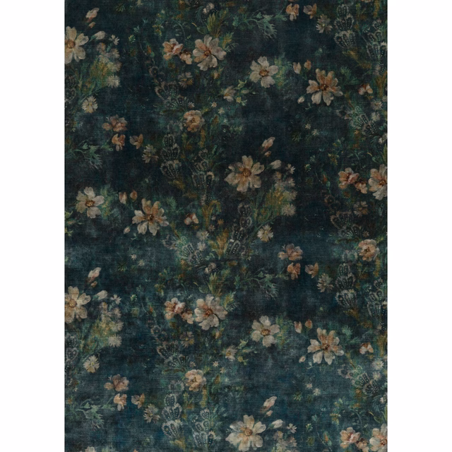 Deep jade-teal velvet with muted peach, cream and ochre flowers in a painterly repeat