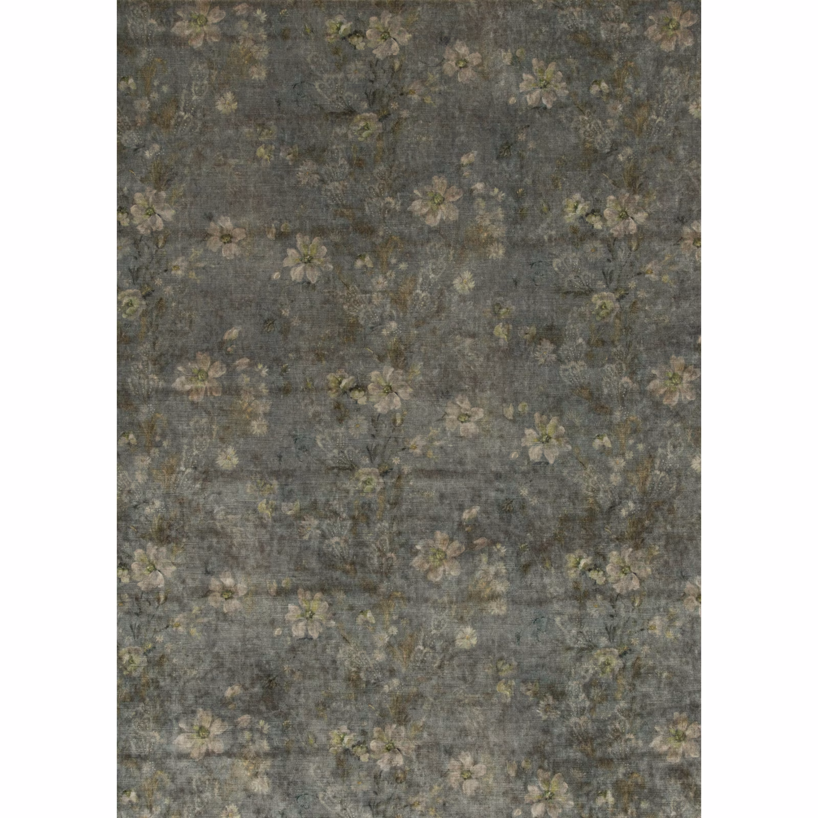 Smoky verdigris velvet with faded cream flowers and olive botanical details