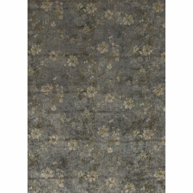 Smoky verdigris velvet with faded cream flowers and olive botanical details