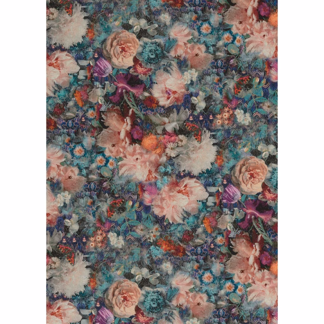 Deep teal floral fabric with blush roses, coral blooms and turquoise botanical detail