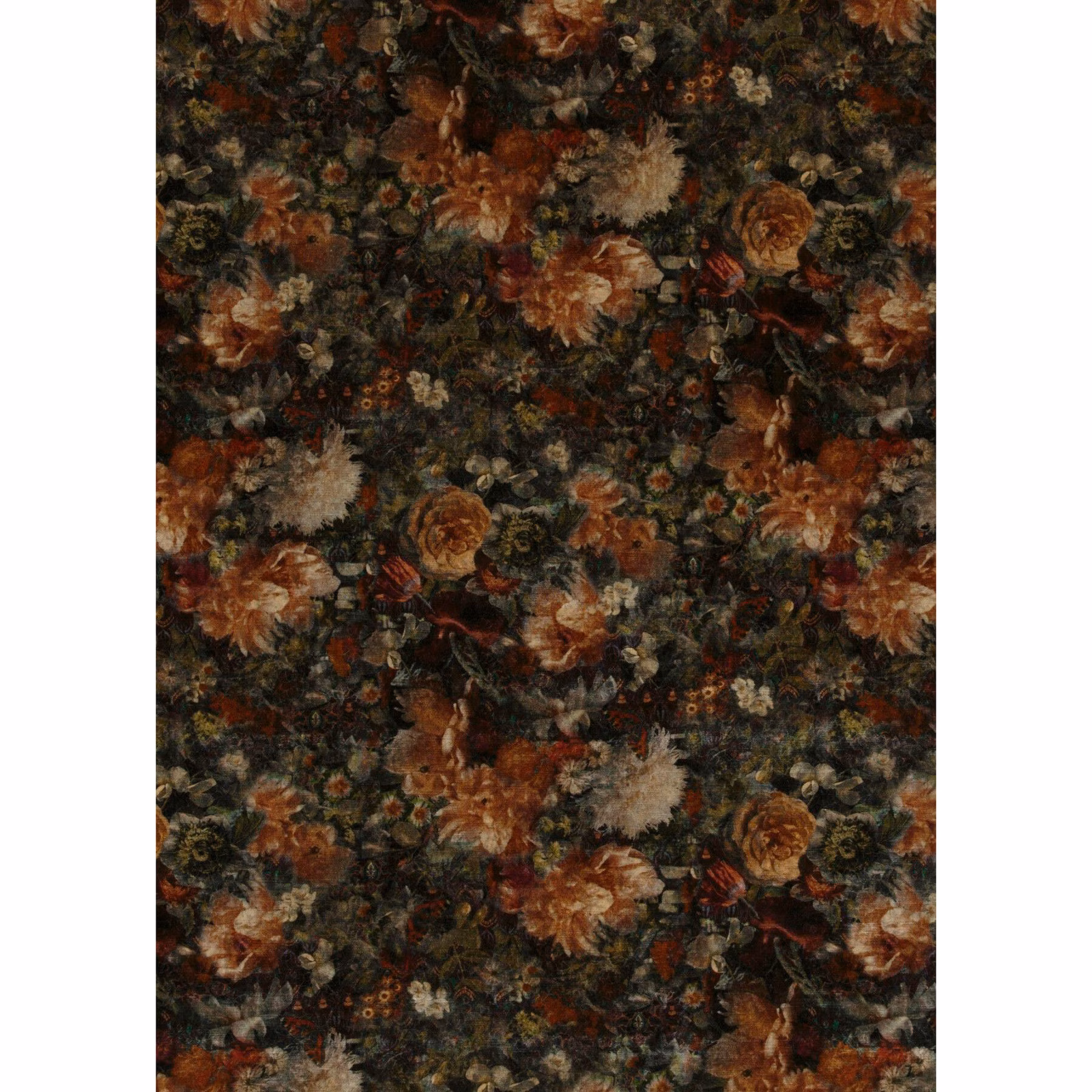 Dense amber and jade floral velvet with copper blooms on a dark moss ground