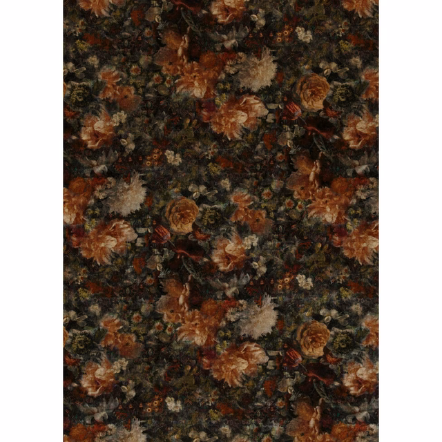 Dense amber and jade floral velvet with copper blooms on a dark moss ground