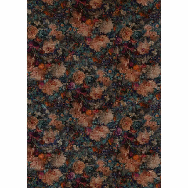 Dark jewel-toned floral velvet with coral blooms, teal leaves and a shadowy ground