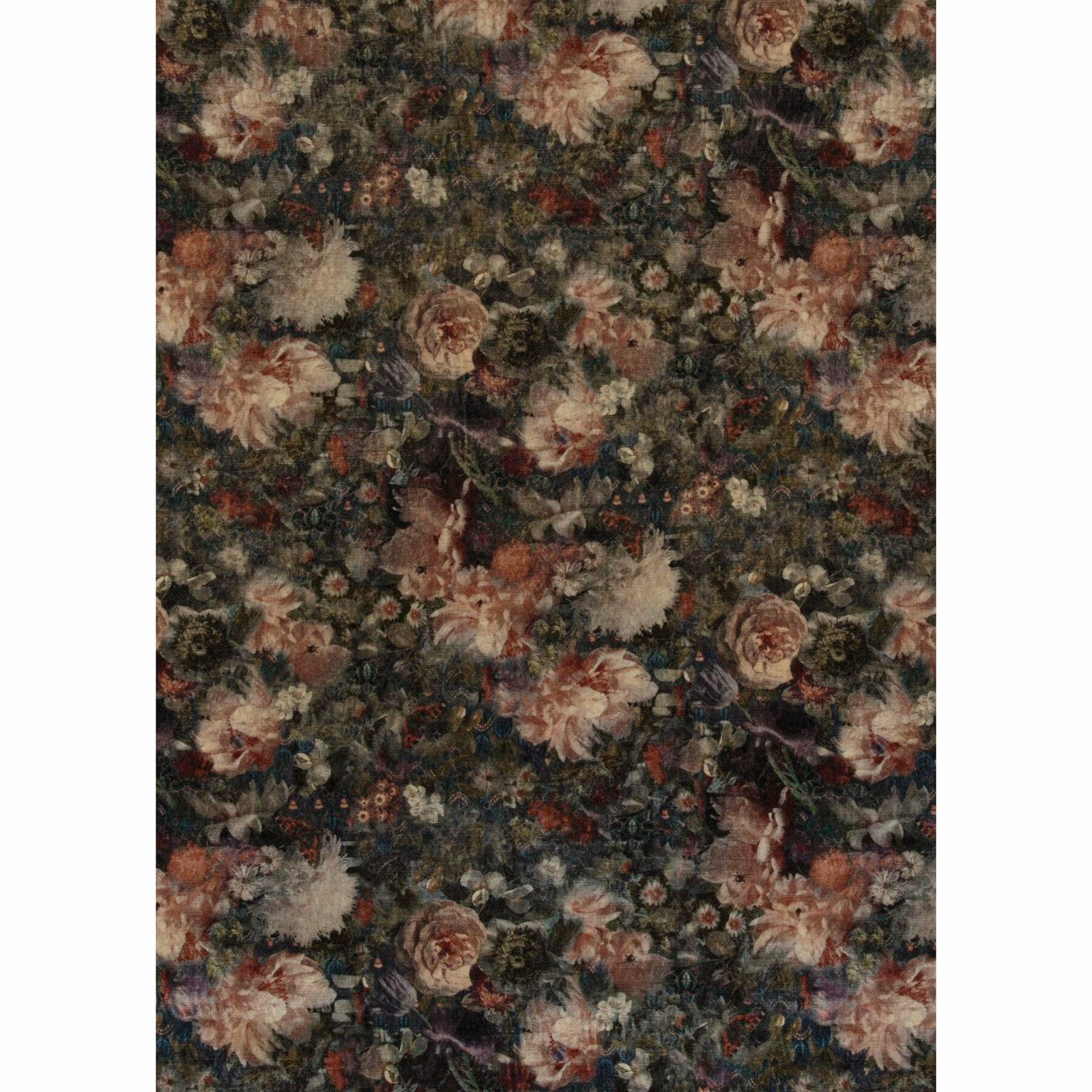 Charcoal olive velvet with faded blush, cream and rust floral blooms