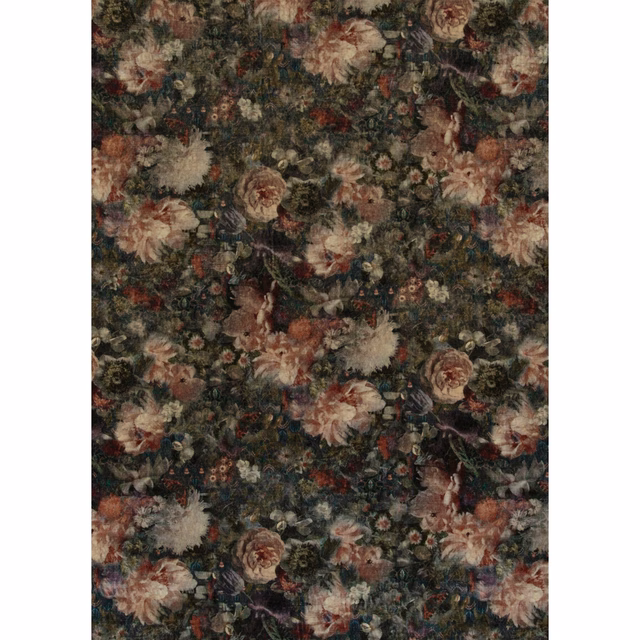 Charcoal olive velvet with faded blush, cream and rust floral blooms