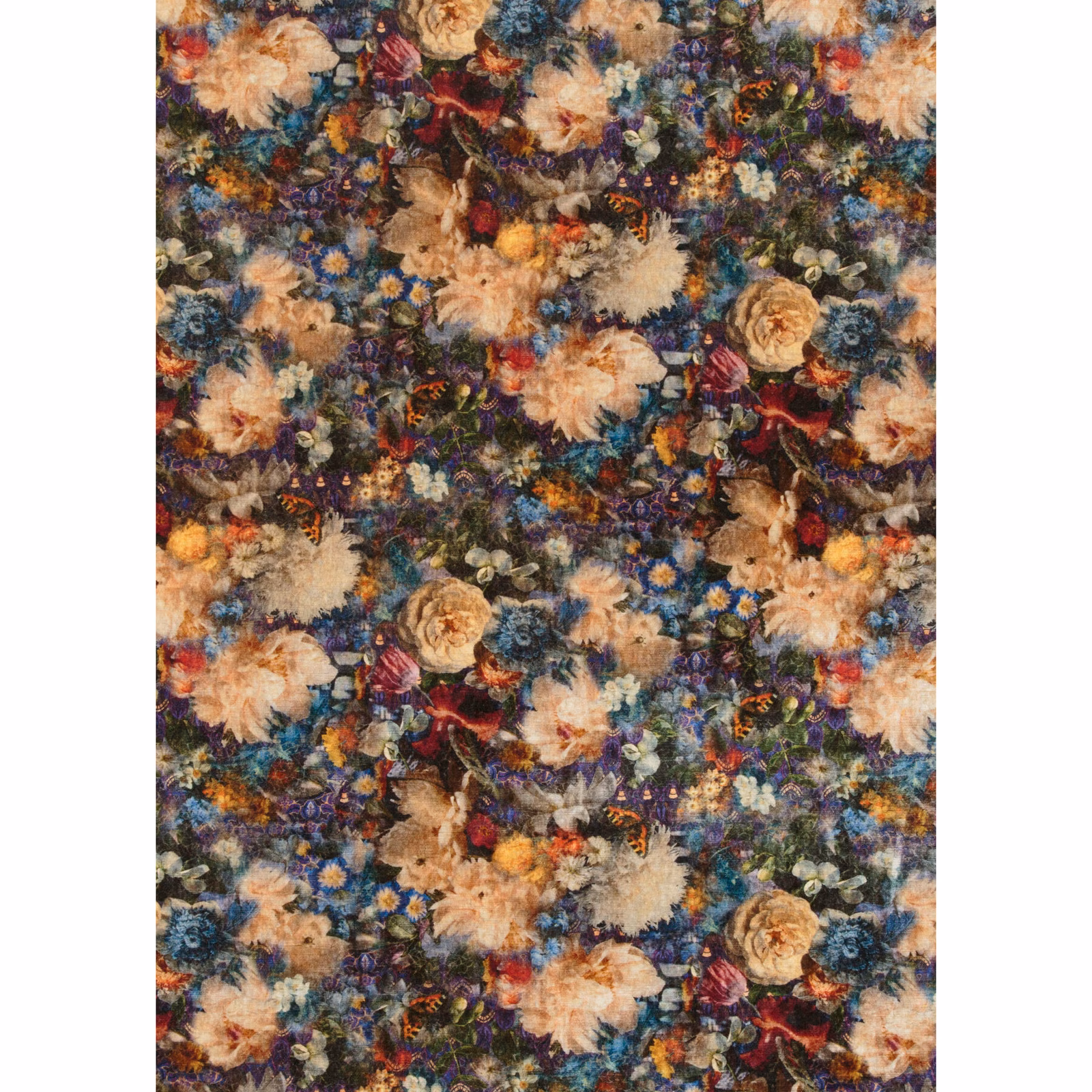 Sapphire velvet with peach roses, cream blooms and jewel-toned botanical detail