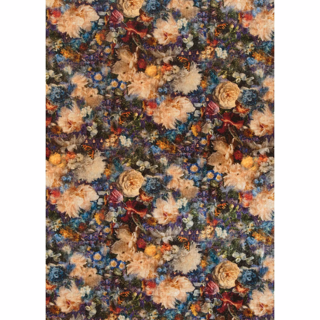 Sapphire velvet with peach roses, cream blooms and jewel-toned botanical detail