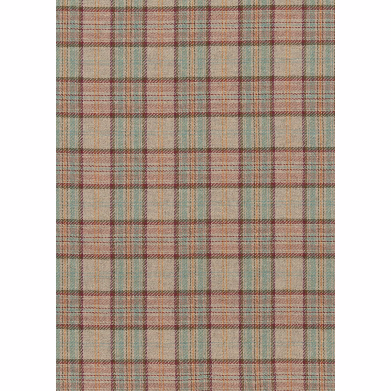 Muted quartz plaid with teal, red and olive lines in a wool weave
