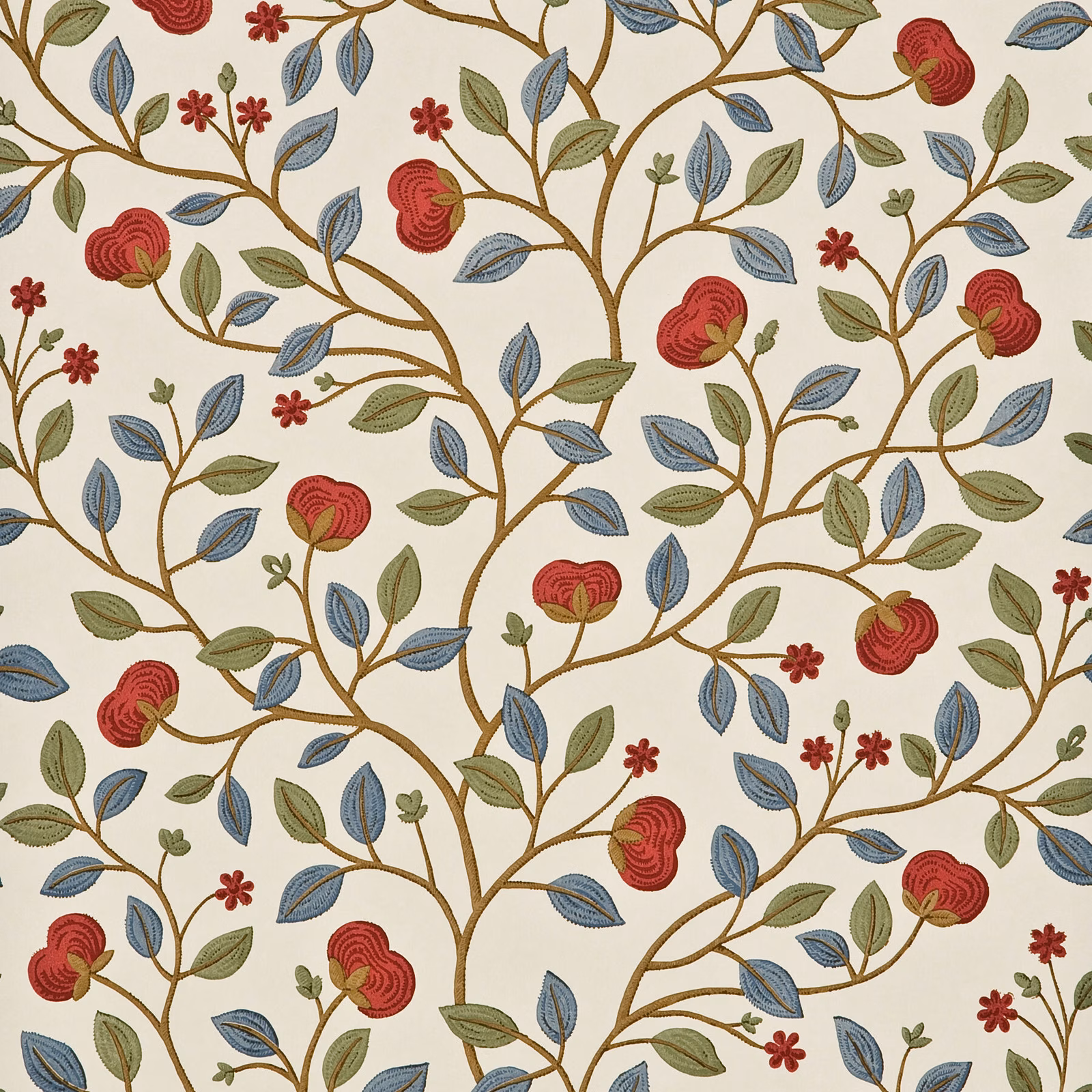 Cream wallpaper with red blooms, blue leaves and olive scrolling branches