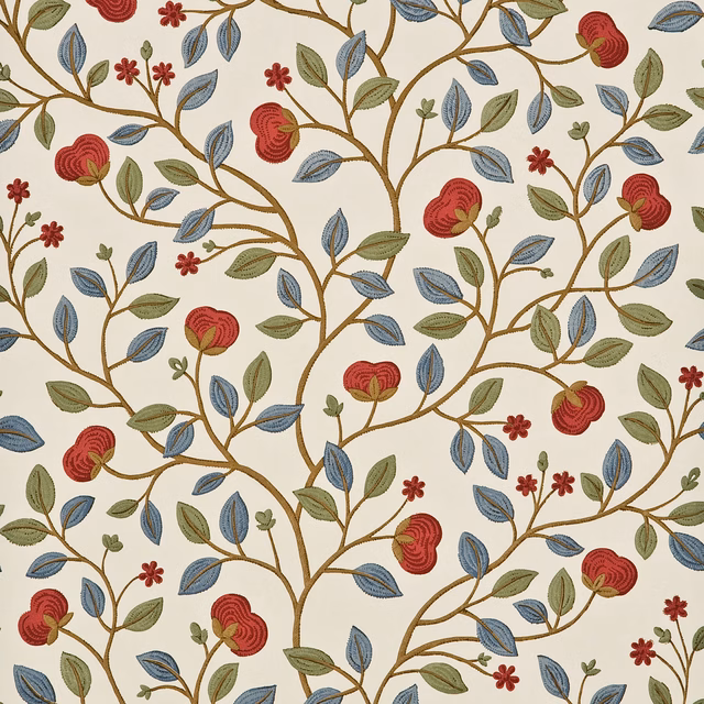 Cream wallpaper with red blooms, blue leaves and olive scrolling branches