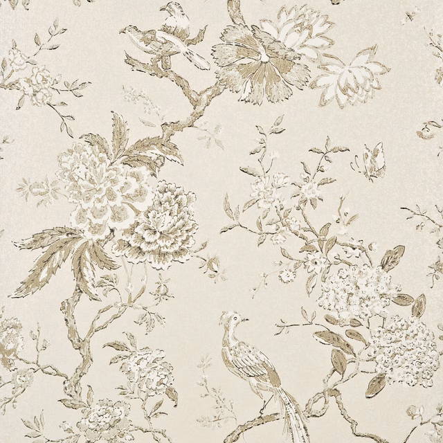 Warm ivory wallpaper with taupe birds, blossom branches and delicate botanical linework