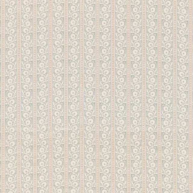 Pale aqua fabric with ivory scrolling stripes and delicate muted taupe lines