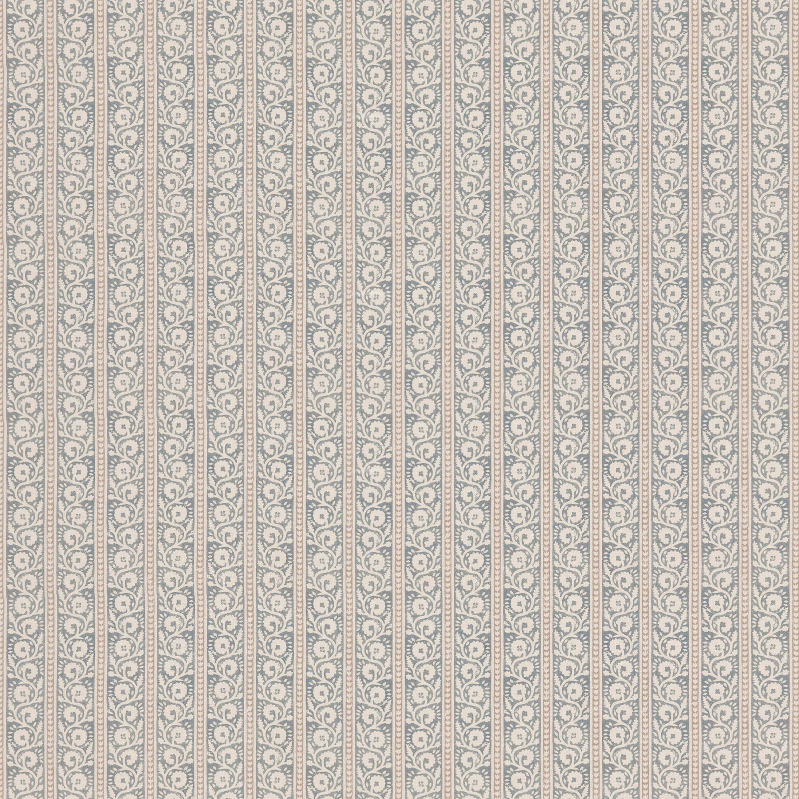Muted blue-grey fabric with narrow vertical scrolling floral stripes on a pale ground