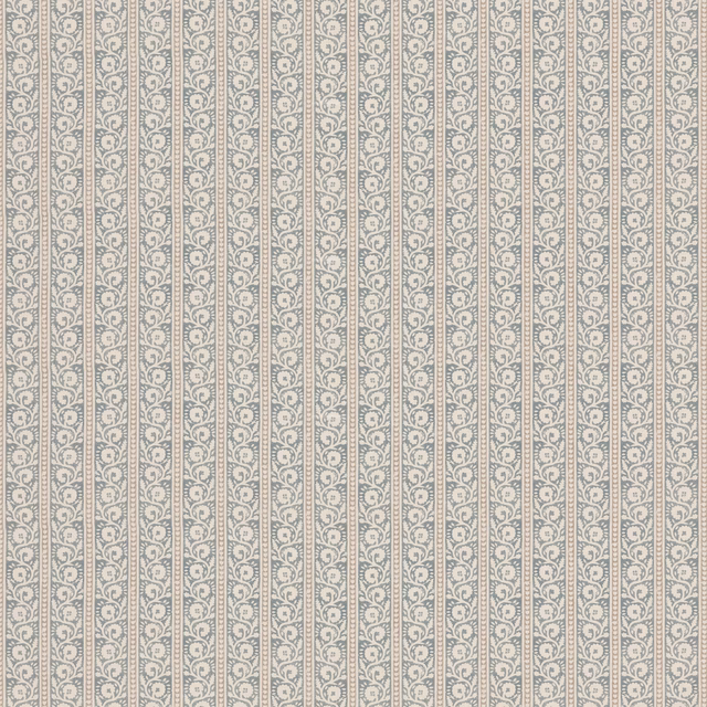 Muted blue-grey fabric with narrow vertical scrolling floral stripes on a pale ground