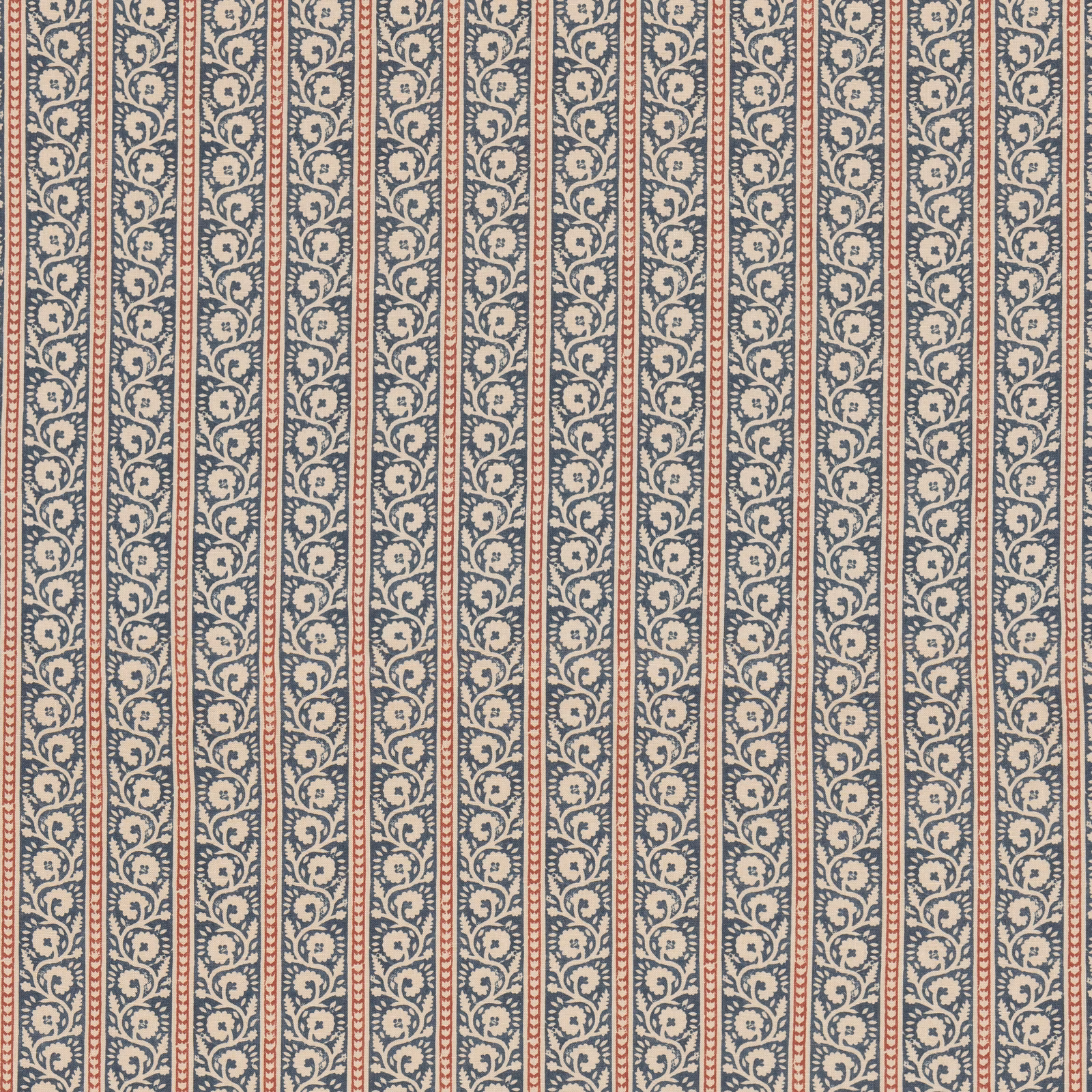 Indigo and red scrolling motifs in narrow stripes on a cream textile ground