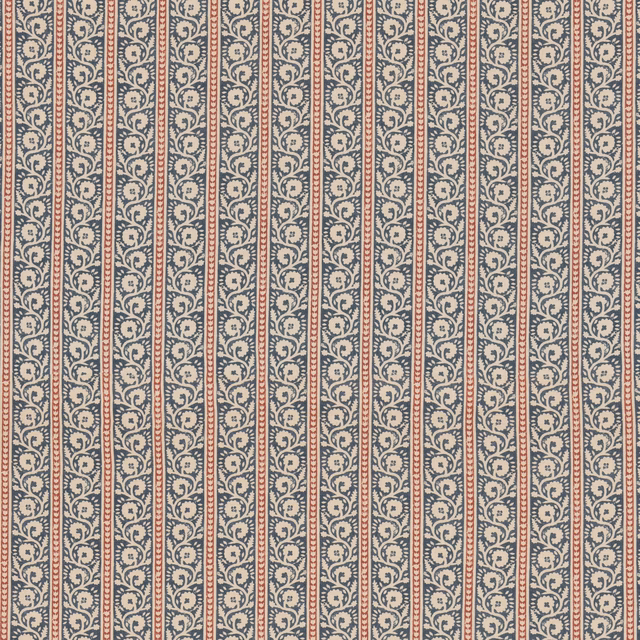 Indigo and red scrolling motifs in narrow stripes on a cream textile ground