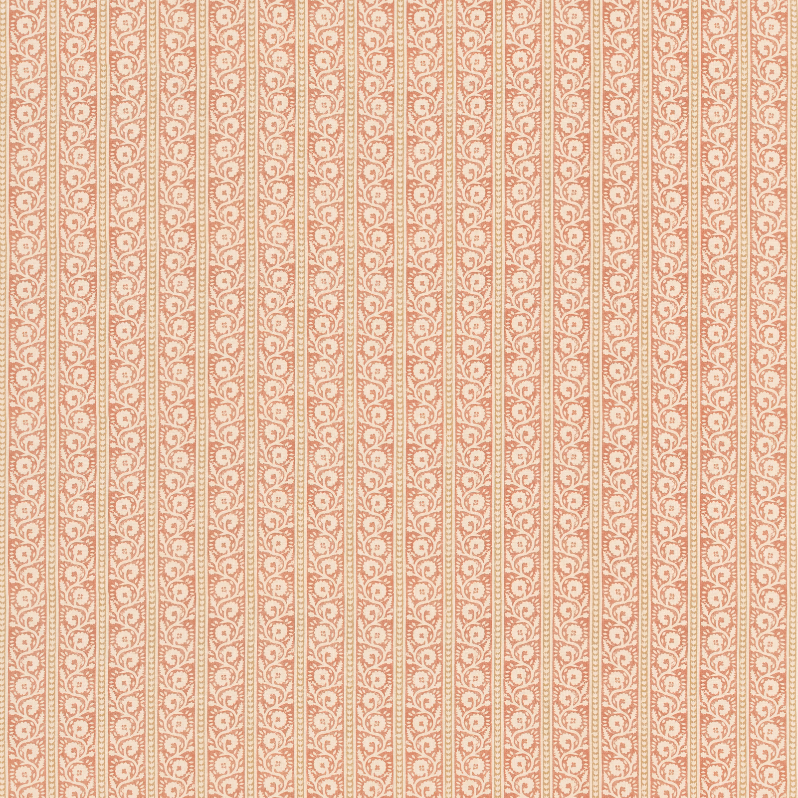 Muted red and sand fabric with narrow vertical stripes and scrolling floral motifs