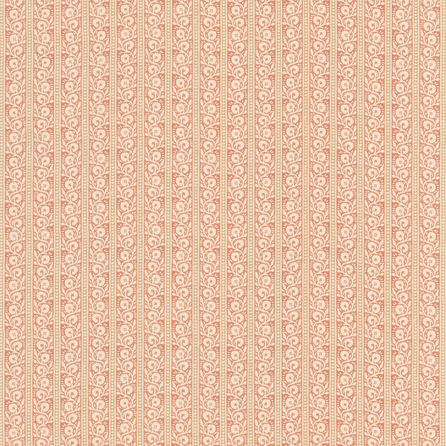 Muted red and sand fabric with narrow vertical stripes and scrolling floral motifs