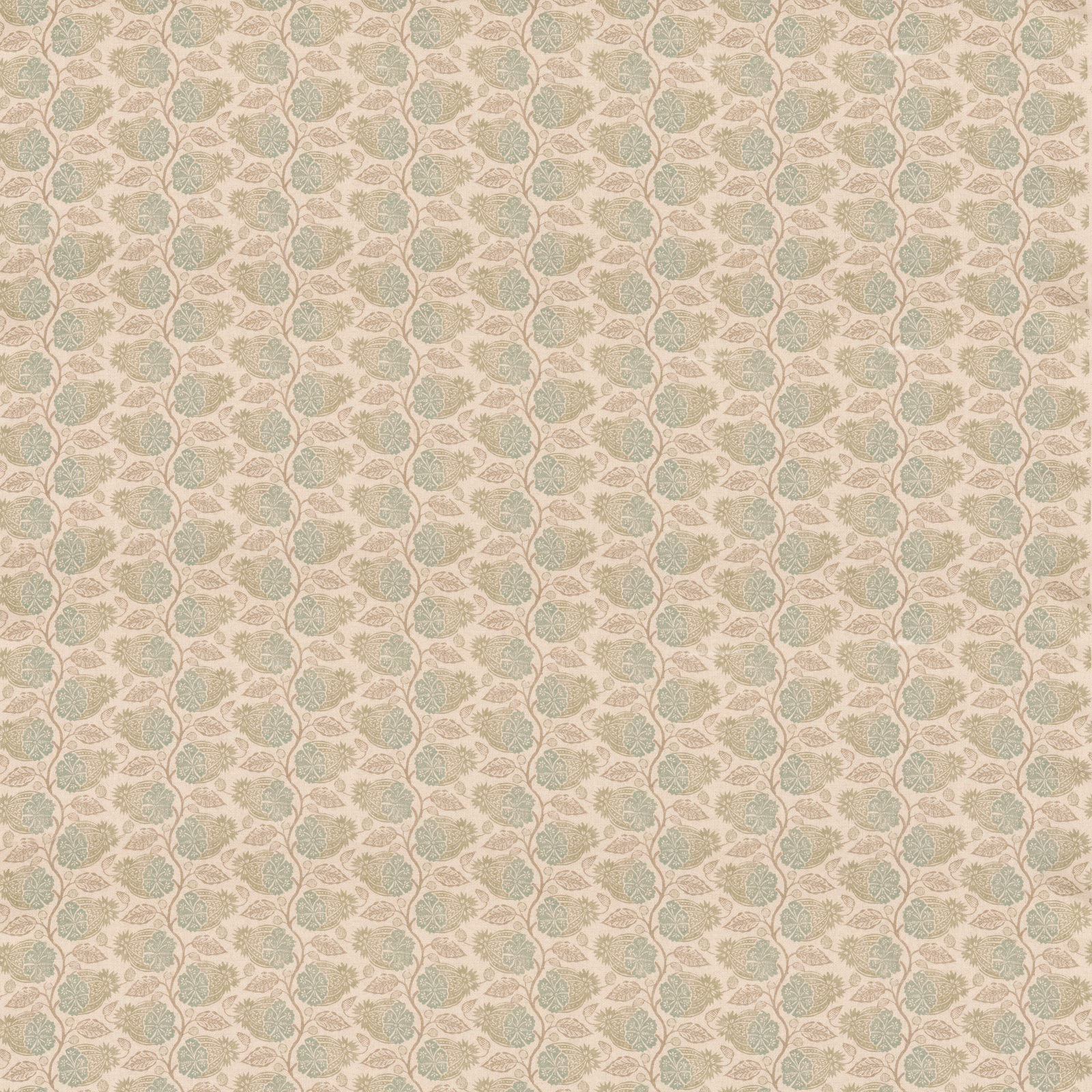 Pale cream fabric with small muted aqua botanical sprigs and a softly textured ground