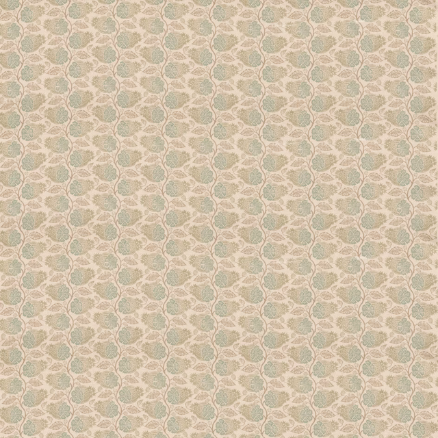 Pale cream fabric with small muted aqua botanical sprigs and a softly textured ground
