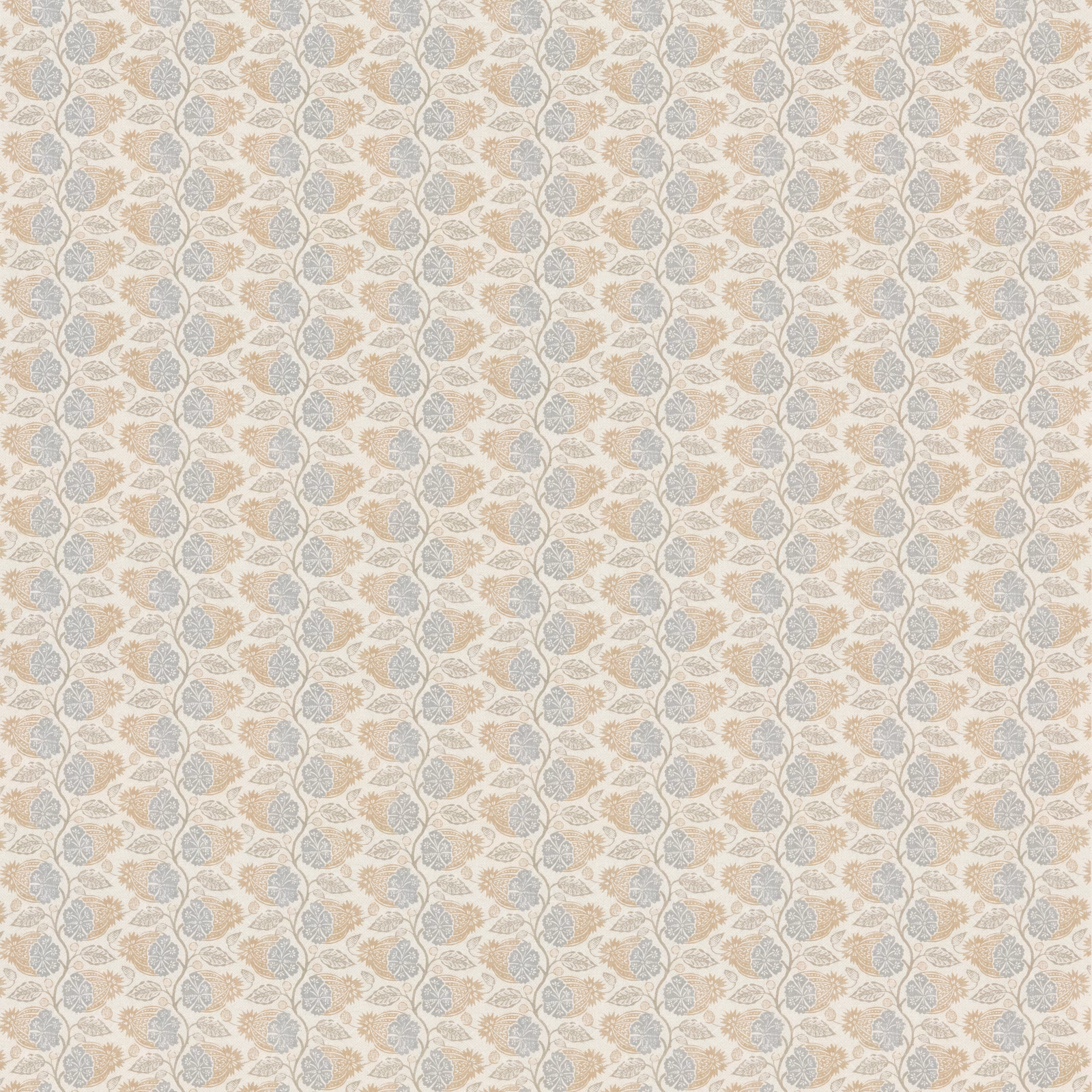 Pale blue botanical motifs with sand accents on a light neutral fabric ground