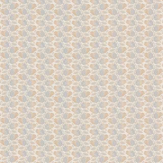 Pale blue botanical motifs with sand accents on a light neutral fabric ground