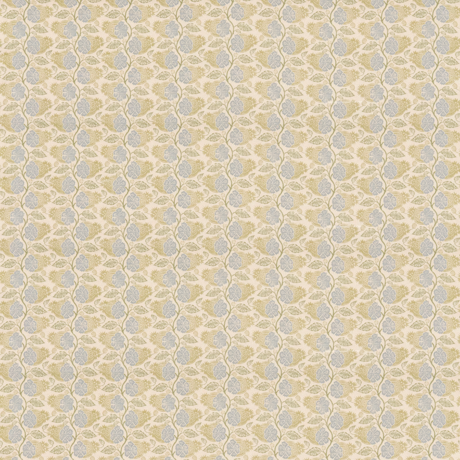 Ivory botanical fabric with pale sage leaves and powder-blue floral motifs