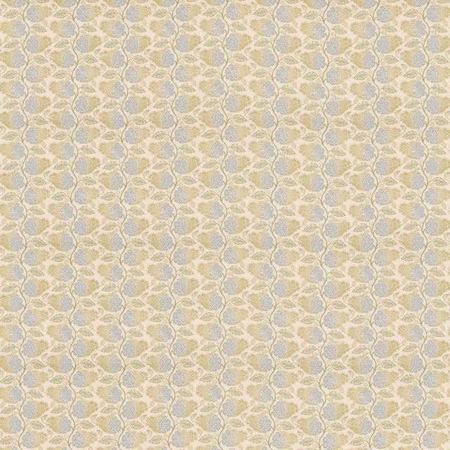 Ivory botanical fabric with pale sage leaves and powder-blue floral motifs