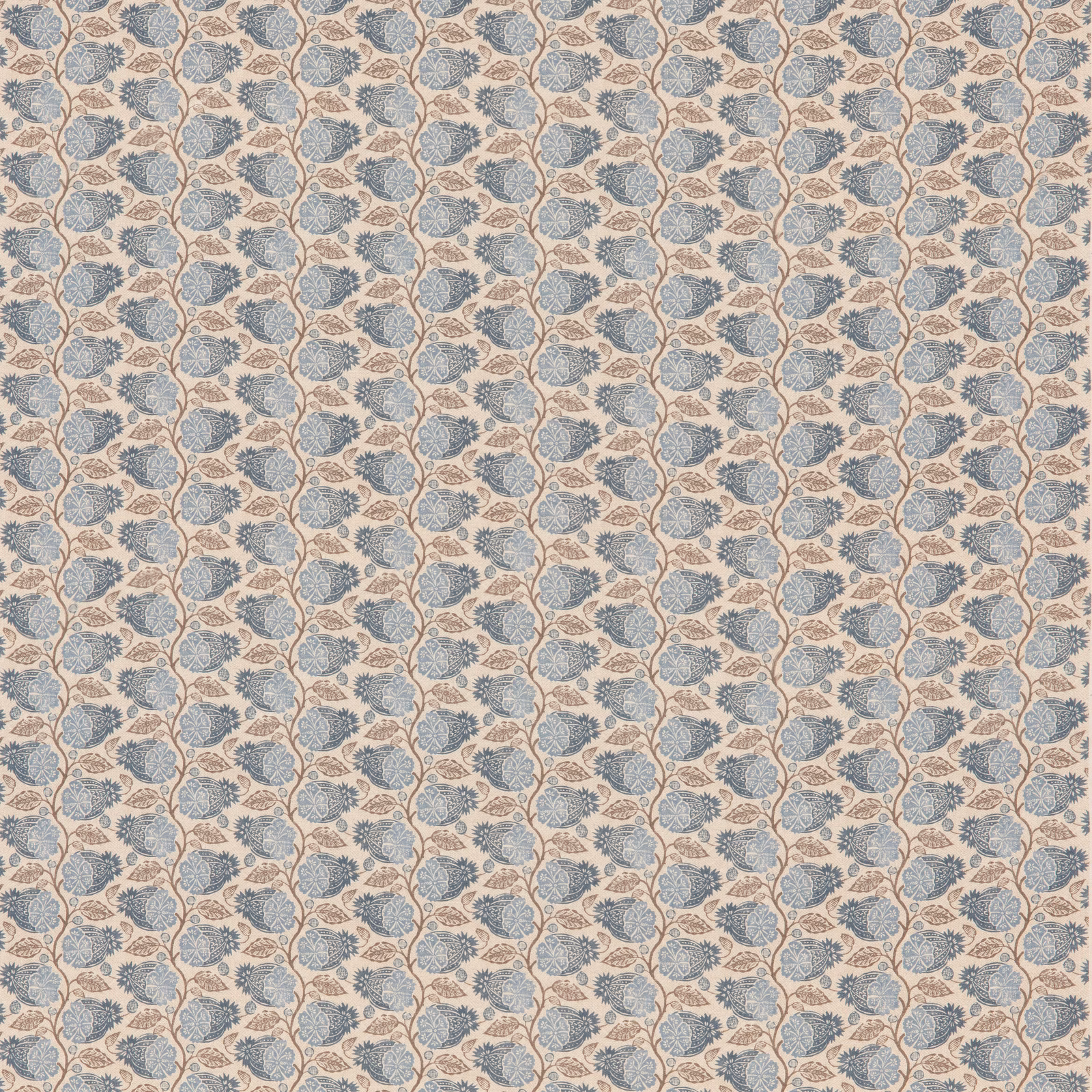 Cream fabric with small muted indigo leaves and blush winding botanical stems