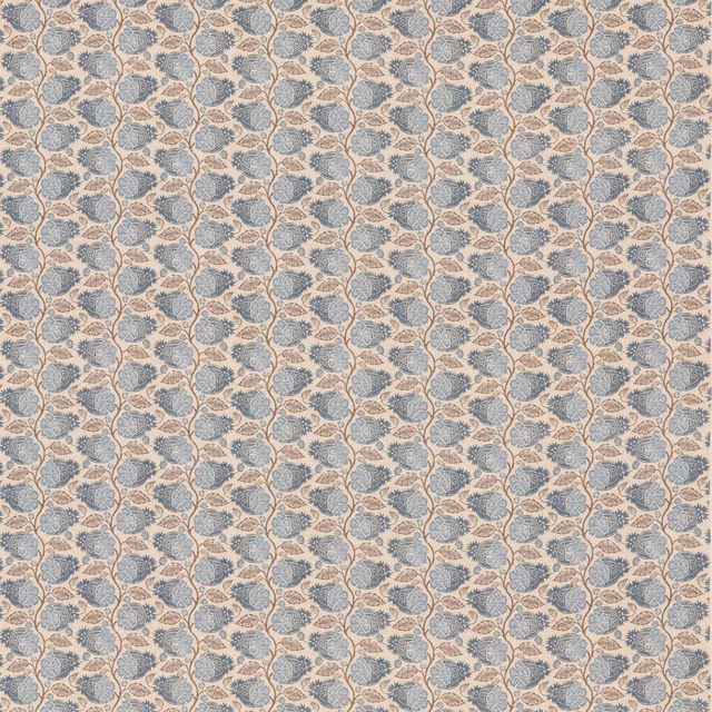 Cream fabric with small muted indigo leaves and blush winding botanical stems