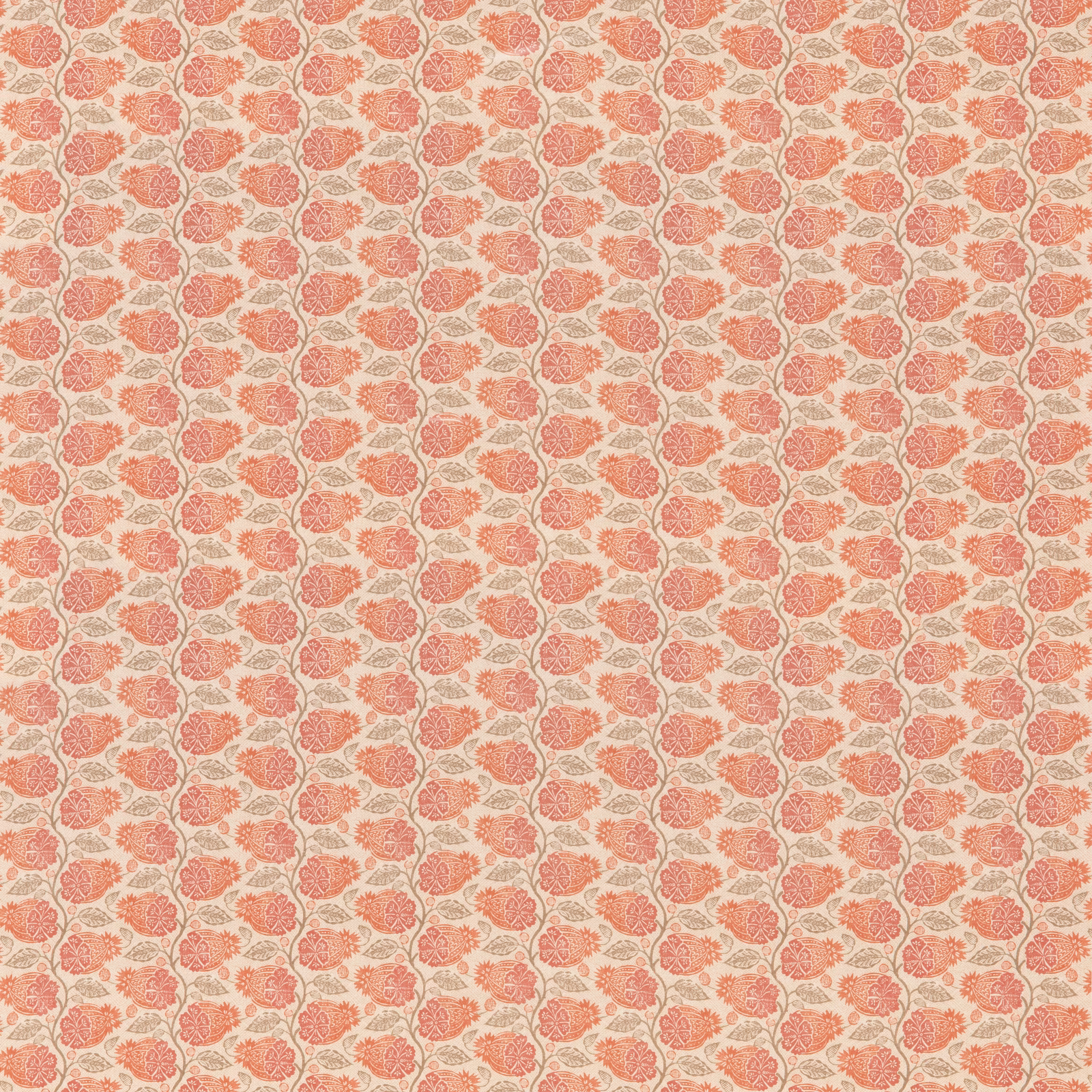 Warm coral-red floral medallions on a cream ground with fine woven texture
