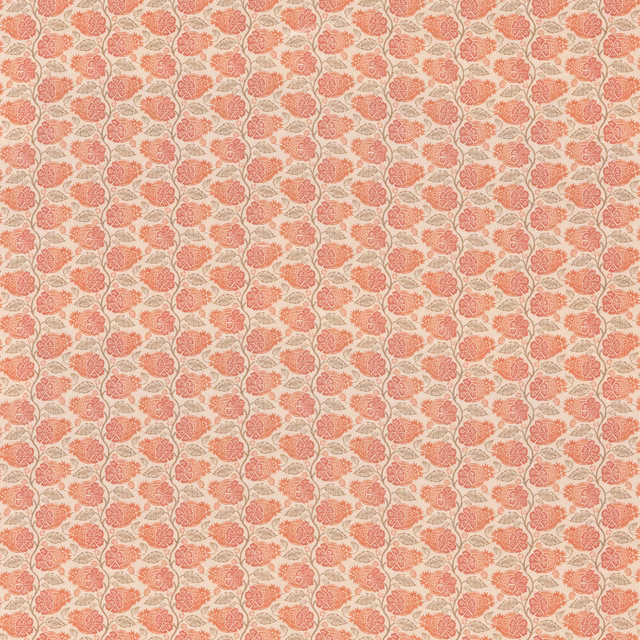 Warm coral-red floral medallions on a cream ground with fine woven texture