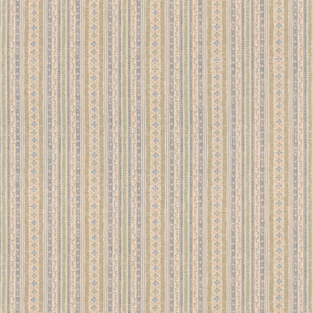Cream stripe fabric with muted green-blue floral diamonds and fine vertical bands
