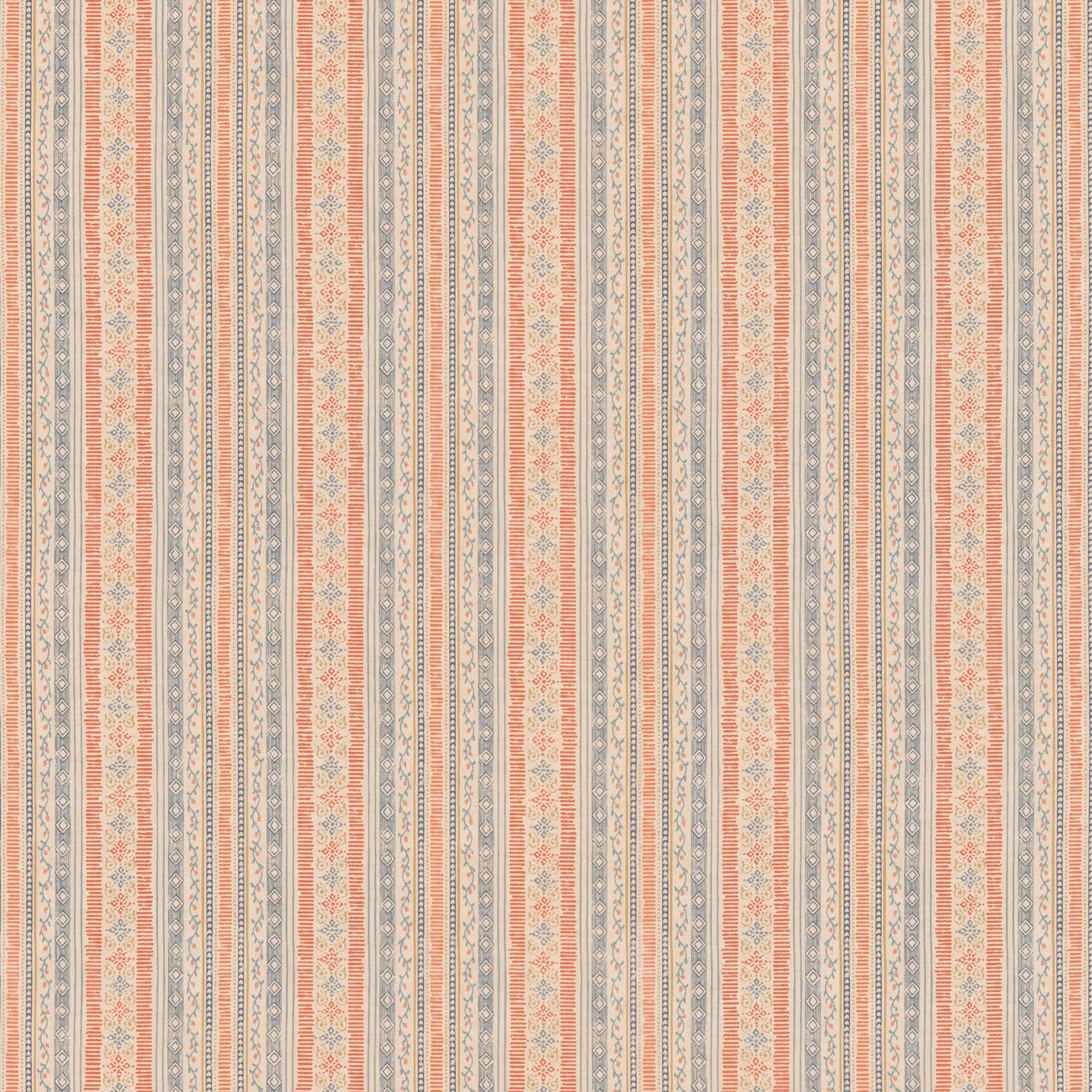 Indigo and red vertical stripe fabric with tiny geometric floral motifs