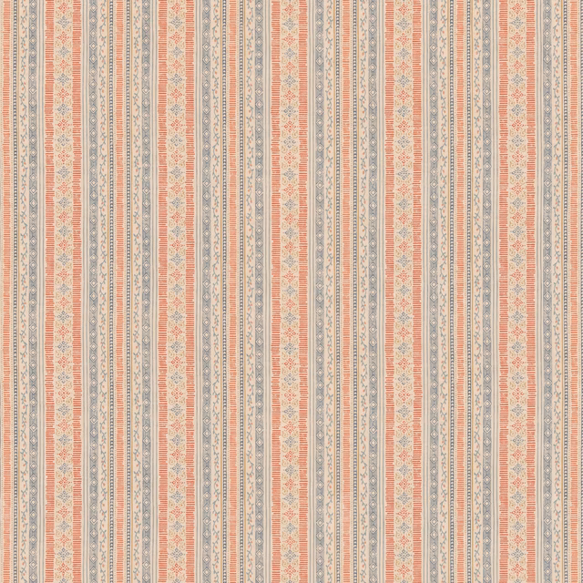 Indigo and red vertical stripe fabric with tiny geometric floral motifs