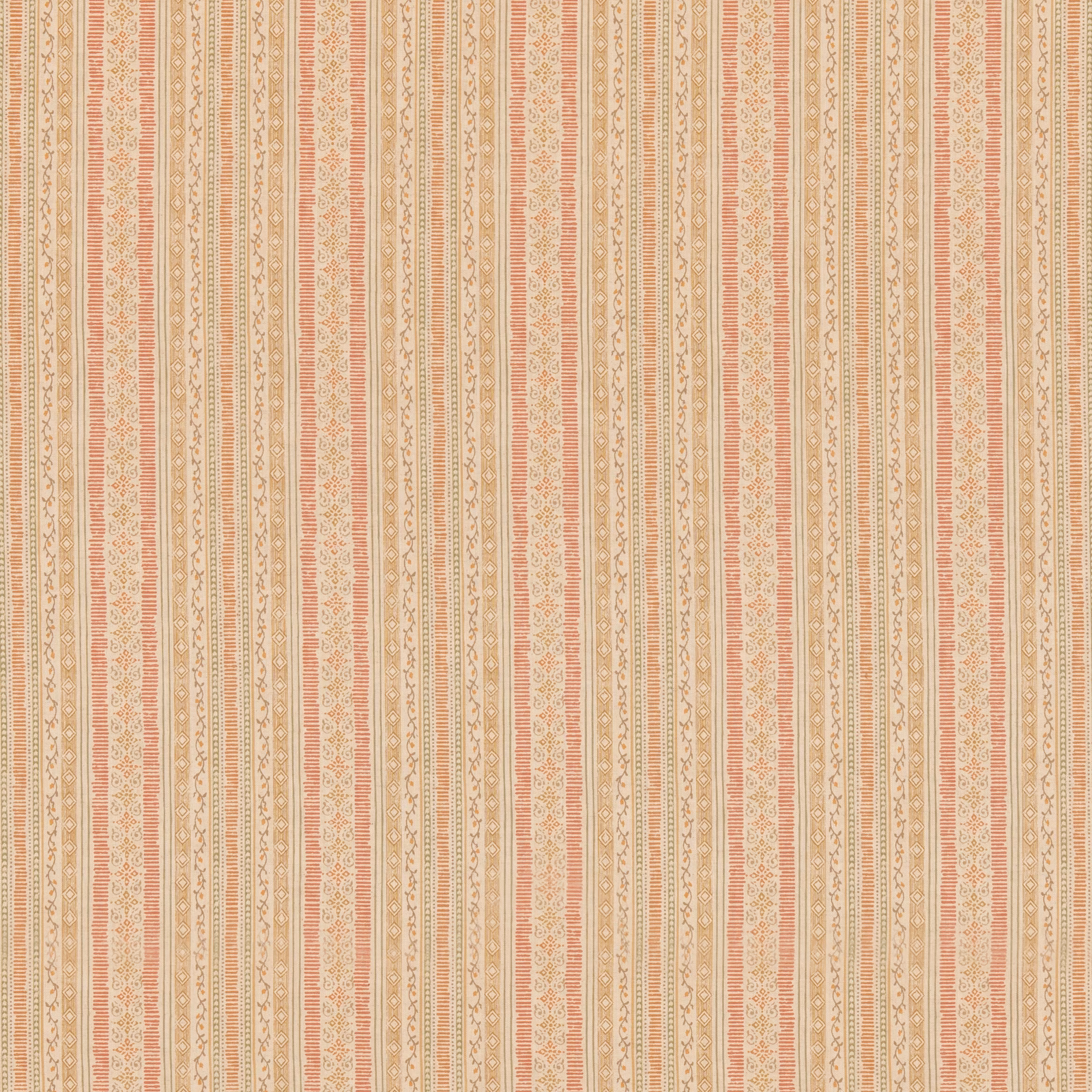 Muted red and ochre vertical striped fabric with fine geometric and floral details