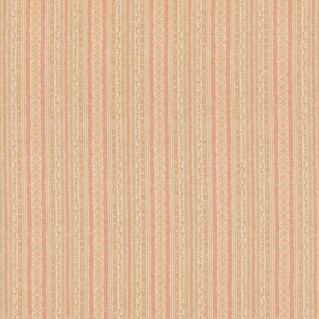 Muted red and ochre vertical striped fabric with fine geometric and floral details