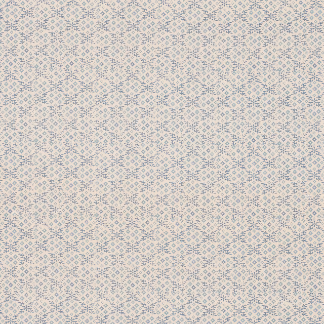 Ivory fabric with dense tiny dusty-blue geometric floral motifs in a small repeat