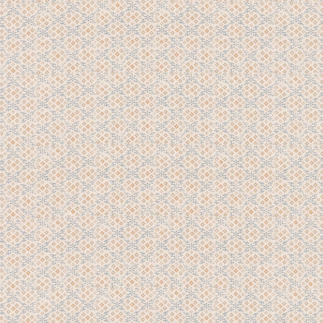 Pale sand fabric with fine powder-blue geometric diamond and sprig motifs